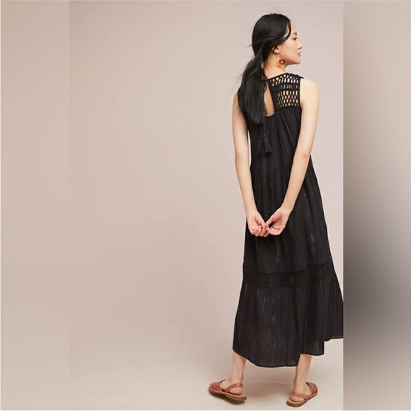 Anthropologie Abilene Maxi Crochet Fringe Tassel Black Dress Small - Picture 3 of 16
